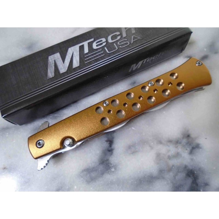 Lot de 2 Couteau Semi Automatique MTech Kriss Lame Wavy Acier 3Cr13MoV Manche Alu Or Liner Lock MTA2042WG - Livraison Gratuite