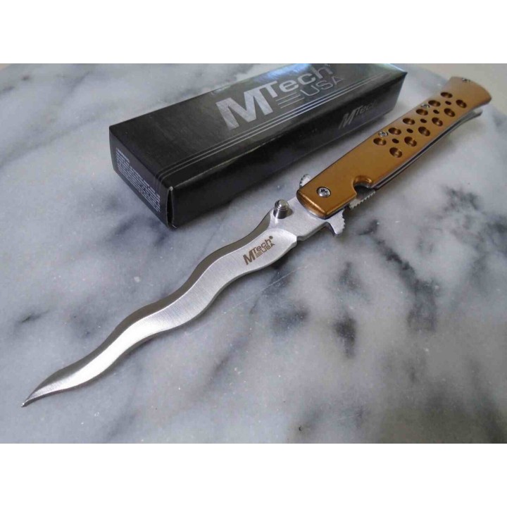 Lot de 2 Couteau Semi Automatique MTech Kriss Lame Wavy Acier 3Cr13MoV Manche Alu Or Liner Lock MTA2042WG - Livraison Gratuite