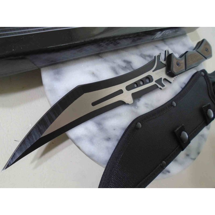 Couteau Tech Lame Tanto Acier 3Cr13MoV Manche Bois Noir/Marron Etui Nylon MTFIX003BK - Livraison Gratuite