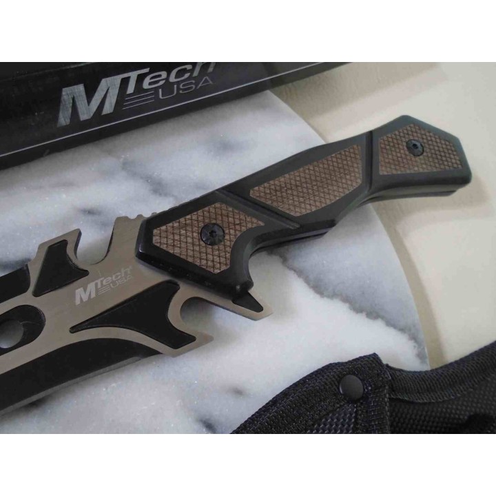Couteau Tech Lame Tanto Acier 3Cr13MoV Manche Bois Noir/Marron Etui Nylon MTFIX003BK - Livraison Gratuite