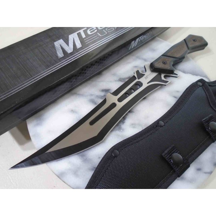 Couteau Tech Lame Tanto Acier 3Cr13MoV Manche Bois Noir/Marron Etui Nylon MTFIX003BK - Livraison Gratuite