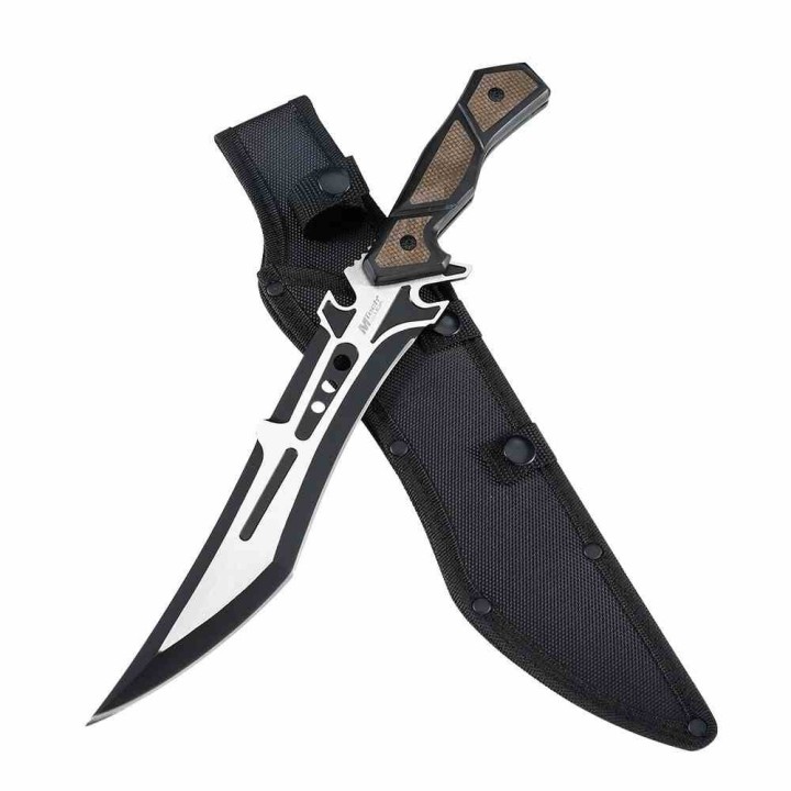 Couteau Tech Lame Tanto Acier 3Cr13MoV Manche Bois Noir/Marron Etui Nylon MTFIX003BK - Livraison Gratuite