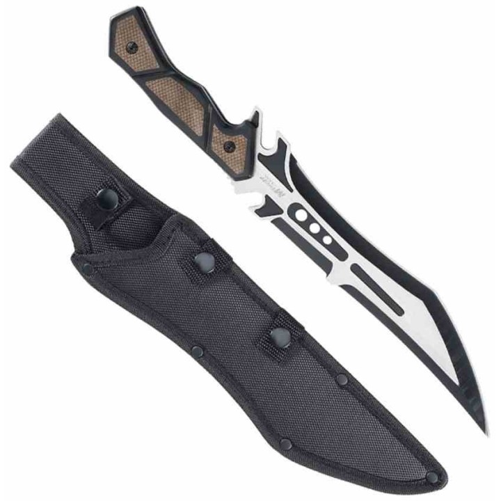 Couteau Tech Lame Tanto Acier 3Cr13MoV Manche Bois Noir/Marron Etui Nylon MTFIX003BK - Livraison Gratuite