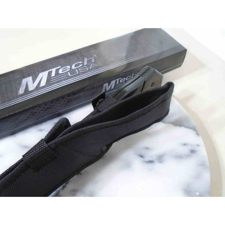 Couteau Tech Lame Tanto Acier 3Cr13MoV Manche Bois Noir/Marron Etui Nylon MTFIX003BK - Livraison Gratuite