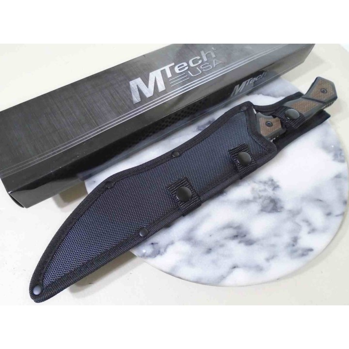 Couteau Tech Lame Tanto Acier 3Cr13MoV Manche Bois Noir/Marron Etui Nylon MTFIX003BK - Livraison Gratuite