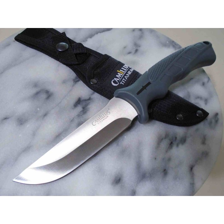 LOT DE 3 Couteau Camillus Lame Drop Point Acier Inox Finition Titane Manche Caoutchouc Etui Nylon CM19432 - Livraison Gratuite