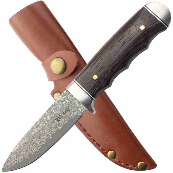 Couteau Elk Ridge Lame Damas Manche Bois Mitres Acier  Etui CUir ERFIX115DM - Livraison Gratuite