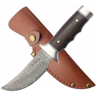 Couteau Elk Ridge Lame Upswept Damas Manche Bois Garde et Pommeau Acier Inoxydable Etui Cuir ERFIX116DM - Livraison Gratuite