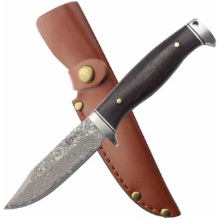 Couteau Elk Ridge Lame Damas Manche Bois Garde et Pommeau Acier Etui Cuir ERFIX117DM - Livraison Gratuite
