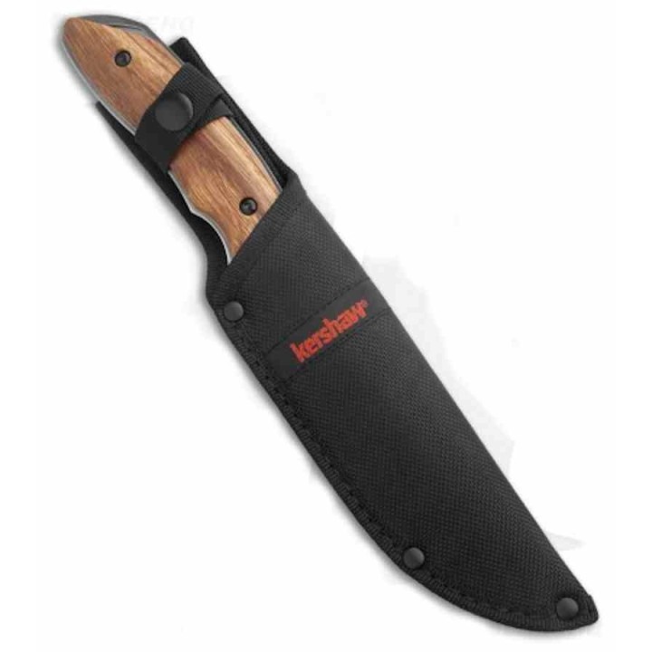 Couteau Chasse Grand Modèle Kershaw Lame Clip Point Acier Inoxydable Manche Bois Etui Nylon KS1418 - Livraison Gratuite