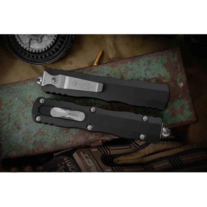 Couteau Automatique OTF Microtech Dirac Delta Lame Acier Bohler M390 Manche Alu Noir Made in USA MCT22711 - Livraison Gratuite