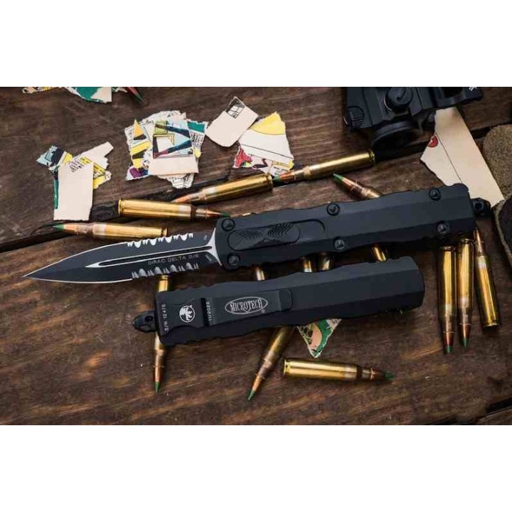 Couteau Automatique OTF Microtech Dirac Delta Lame Dague M390 Noire Serr Manche Alu Noir USA MCT2272T - Livraison Gratuite