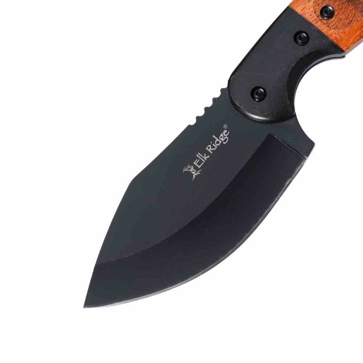 Couteau Skinner Elk Ridge Lame Drop Point Acier 3Cr13MoV Black Manche Bois Marron Etui Cuir ERFIX113BK - Livraison Gratuite