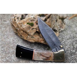 Beau Couteau Damas Lame Drop Point 128 Couches Manche Bélier & Résine Fab Artisanale Linerlock - Livraison Gratuite