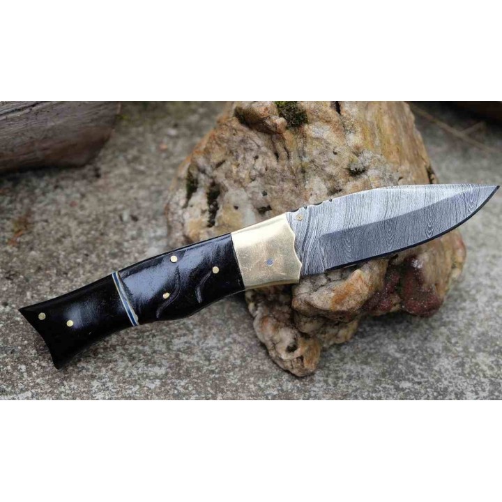 Beau Couteau Damas Lame Drop Point 128 Couches Manche Bélier & Résine Fab Artisanale Linerlock - Livraison Gratuite