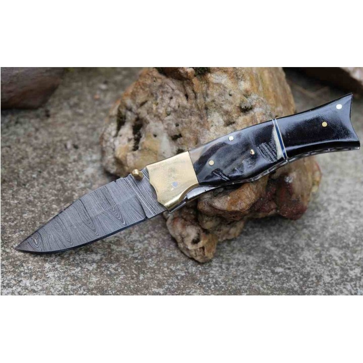 Beau Couteau Damas Lame Drop Point 128 Couches Manche Bélier & Résine Fab Artisanale Linerlock - Livraison Gratuite