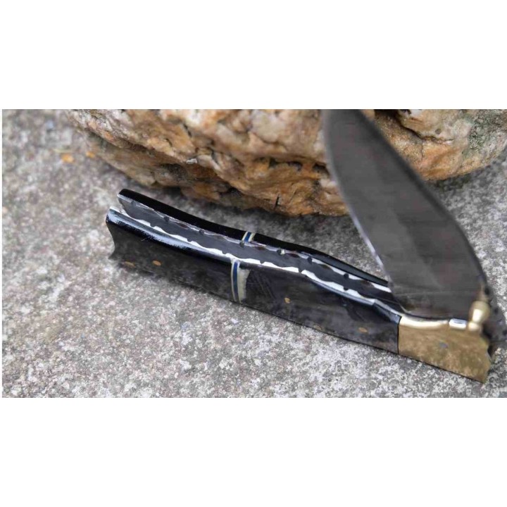 Beau Couteau Damas Lame Drop Point 128 Couches Manche Bélier & Résine Fab Artisanale Linerlock - Livraison Gratuite