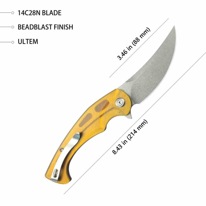 Couteau Kubey Scimitar Ultem Lame Trailing Point Acier 14C28N KIVT Linerlock KUB173G - Livraison Gratuite