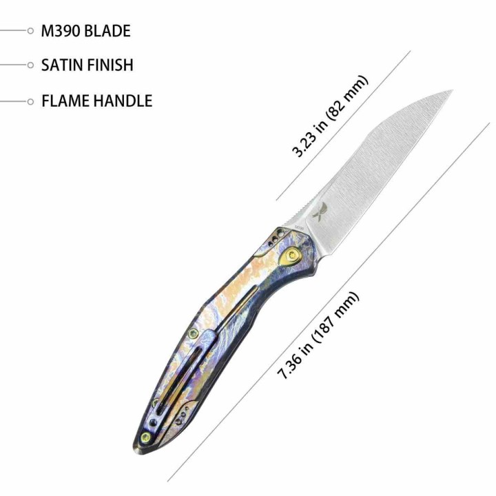 Couteau Kubey Barracuda Flamme Lame Acier M390 Manche Titane Linerlock KIVT Clip KUB299E - Livraison Gratuite