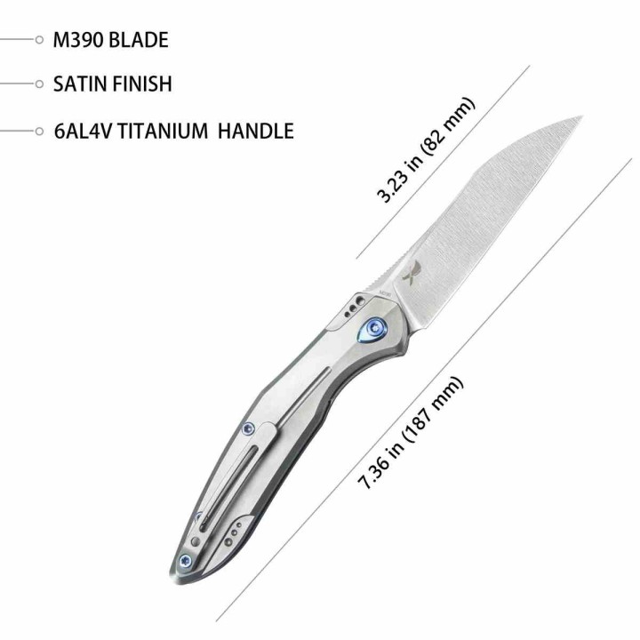 Couteau Kubey Barracuda Satin Lame Acier M390 Manche Titane Linerlock KIVT Clip KUB299C - Livraison Gratuite