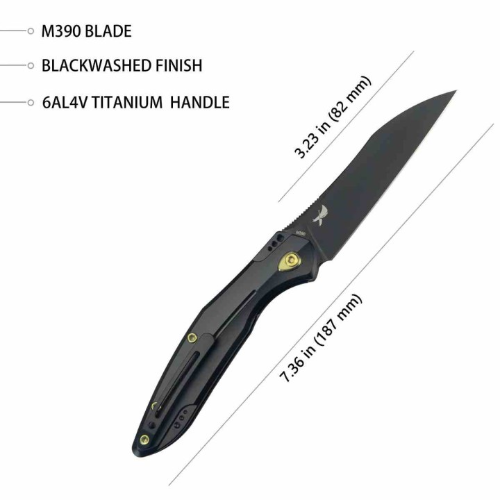 Couteau Kubey Barracuda Black Lame Acier M390 Manche Titane Linerlock KIVT Clip KUB299B - Livraison Gratuite