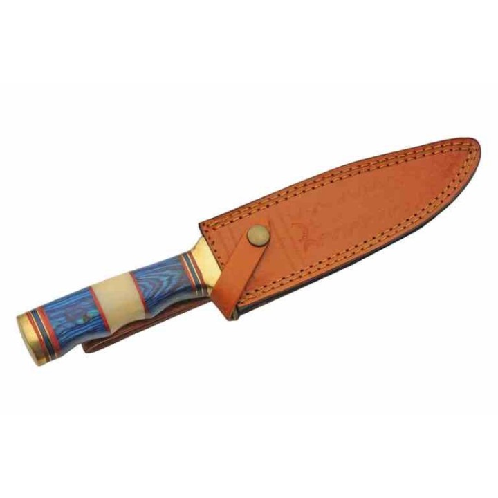Couteau de Chasse Sailor's Delight Lame Clip Point Acier Inox Manche Bois Bleu/Os Etui Cuir PA203457 - Livraison Gratuite