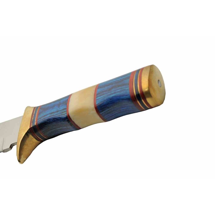 Couteau de Chasse Sailor's Delight Lame Clip Point Acier Inox Manche Bois Bleu/Os Etui Cuir PA203457 - Livraison Gratuite