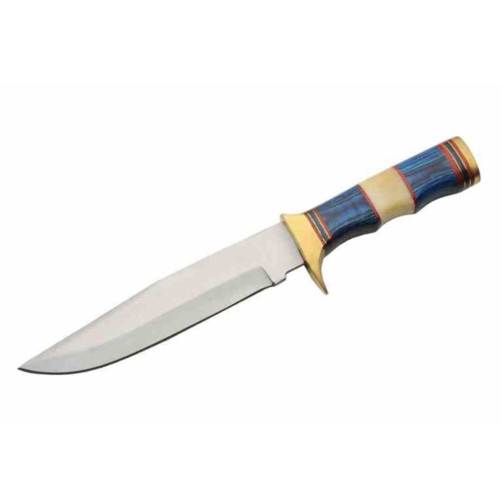Couteau de Chasse Sailor's Delight Lame Clip Point Acier Inox Manche Bois Bleu/Os Etui Cuir PA203457 - Livraison Gratuite