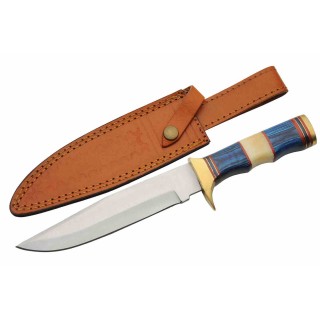 Couteau de Chasse Sailor's Delight Lame Clip Point Acier Inox Manche Bois Bleu/Os Etui Cuir PA203457 - Livraison Gratuite