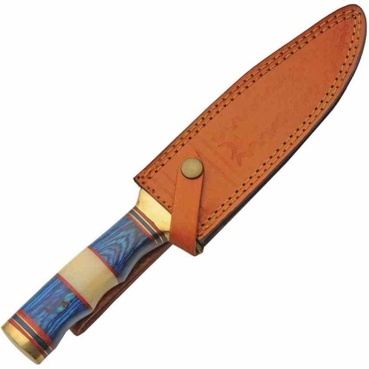 Couteau de Chasse Sailor's Delight Lame Clip Point Acier Inox Manche Bois Bleu/Os Etui Cuir PA203457 - Livraison Gratuite
