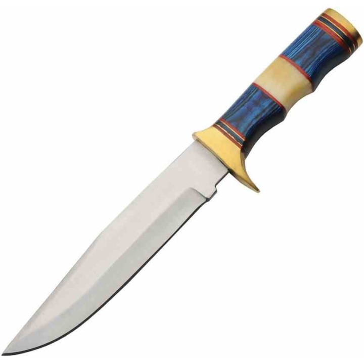Couteau de Chasse Sailor's Delight Lame Clip Point Acier Inox Manche Bois Bleu/Os Etui Cuir PA203457 - Livraison Gratuite