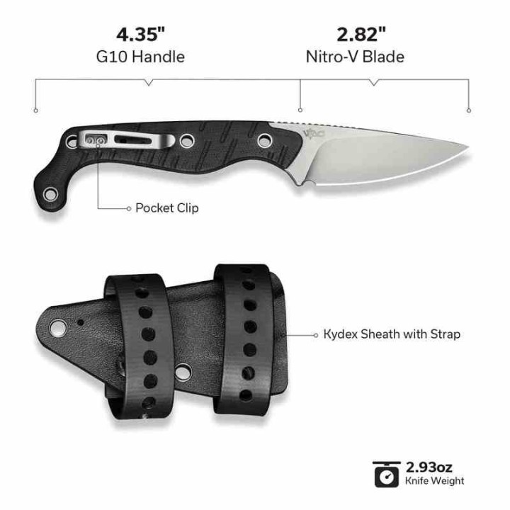 Couteau CIVIVI SOKN Black Lame Drop Point Acier Nitro-V Satin Manche G-10 Etui Kydex CIVC220271 - Livraison Gratuite