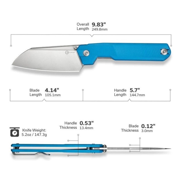 Couteau CIVIVI Hid Blue Lame Reverse Tanto Acier Sandvik 14C28N Satin Manche G-10 KIVT Linerlock CIVC230085 - Livraison Gratuite