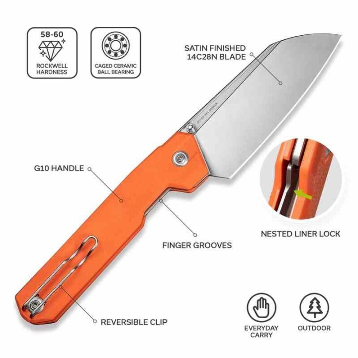 Couteau CIVIVI Hid Orange Lame Reverse Tanto Acier Sandvik 14C28N Manche G-10 KIVT Linerlock CIVC230084 - Livraison Gratuite