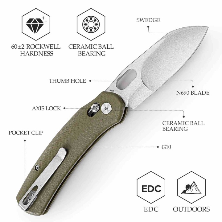 Couteau TRIVISA Lamb Green Lame Sheep Foot Acier N690 Manche G10 Clip Axis Lock KIVT TVTY26GN - Livraison Gratuite
