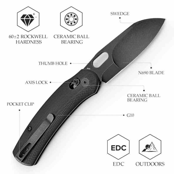 Couteau TRIVISA Lamb Black Lame Sheep Foot Acier N690 Manche G10 Clip Axis Lock KIVT TVTY26BN - Livraison Gratuite