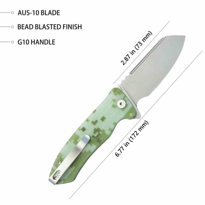 Couteau Kubey Creon Camo Manche G10 Lame Tanto Reverse Acier AUS-10 Button Lock KIVT KUB336J - Livraison Gratuite