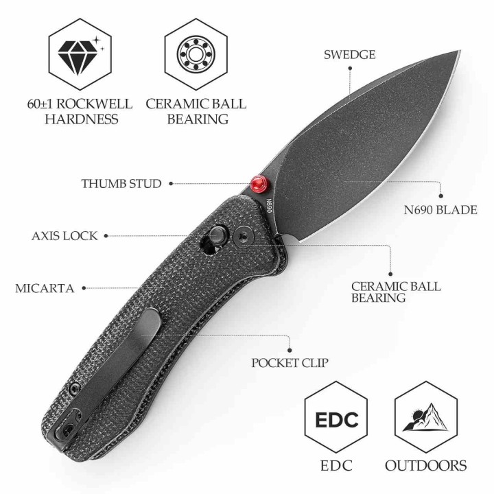 Couteau TRIVISA Koala-B Black Lame Drop Point Acier N690 Manche Micarta KIVT Crossbar Lock TVJM02BMN - Livraison Gratuite