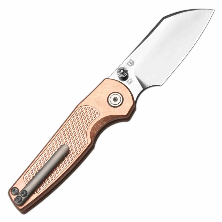Couteau ArtisanCutlery Cleo Copper Lame Acier CPM-S90V Manche Cuivre Button Lock Clip Titane ATZ1871GCO - Livraison Gratuite