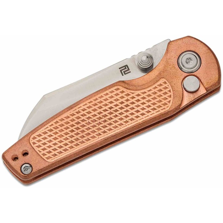 Couteau ArtisanCutlery Cleo Copper Lame Acier CPM-S90V Manche Cuivre Button Lock Clip Titane ATZ1871GCO - Livraison Gratuite