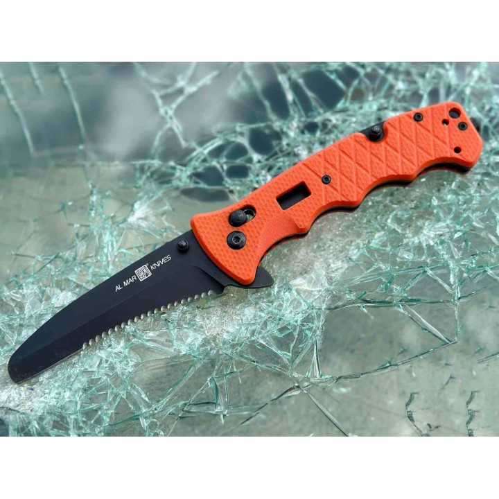 Couteau Al Mar Secours Lame Acier D2 Manche G10 Brise-Vitres Coupe-Ceinture Clé d'Oxygène AMK1050RAK - Livraison Gratuite