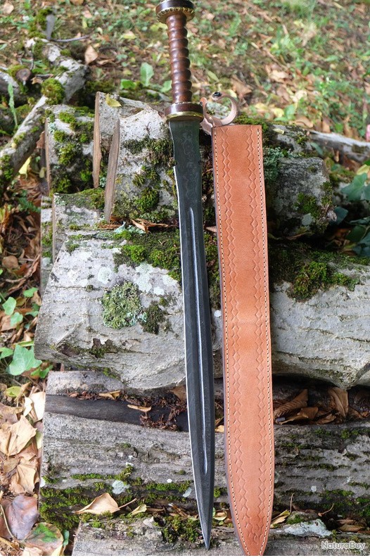 Epée Glaive Empereur Romain Lame Damas 512 Couches Forgée Manche Bois/Laiton Etui Cuir F Artisanale