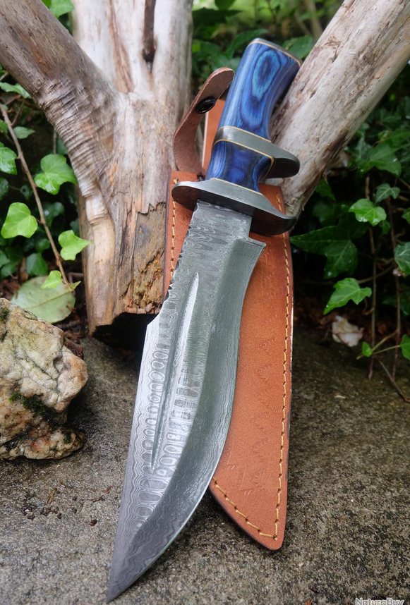 Poignard De Chasse Sub-Hilt Fighter Lame Acier Damas 256 Couches Manche Bois Etui Cuir F Artisanale