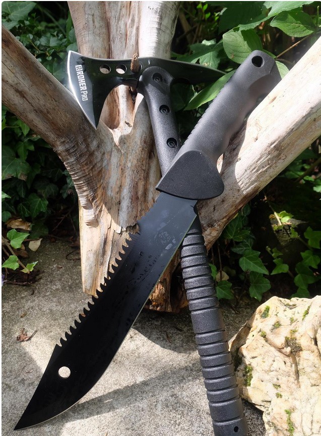 Set Tactical Hache Tomahawk Lame Acier Inox Etui Nylon + Bowie Lame Acier 3Cr13 Manche ABS Etui